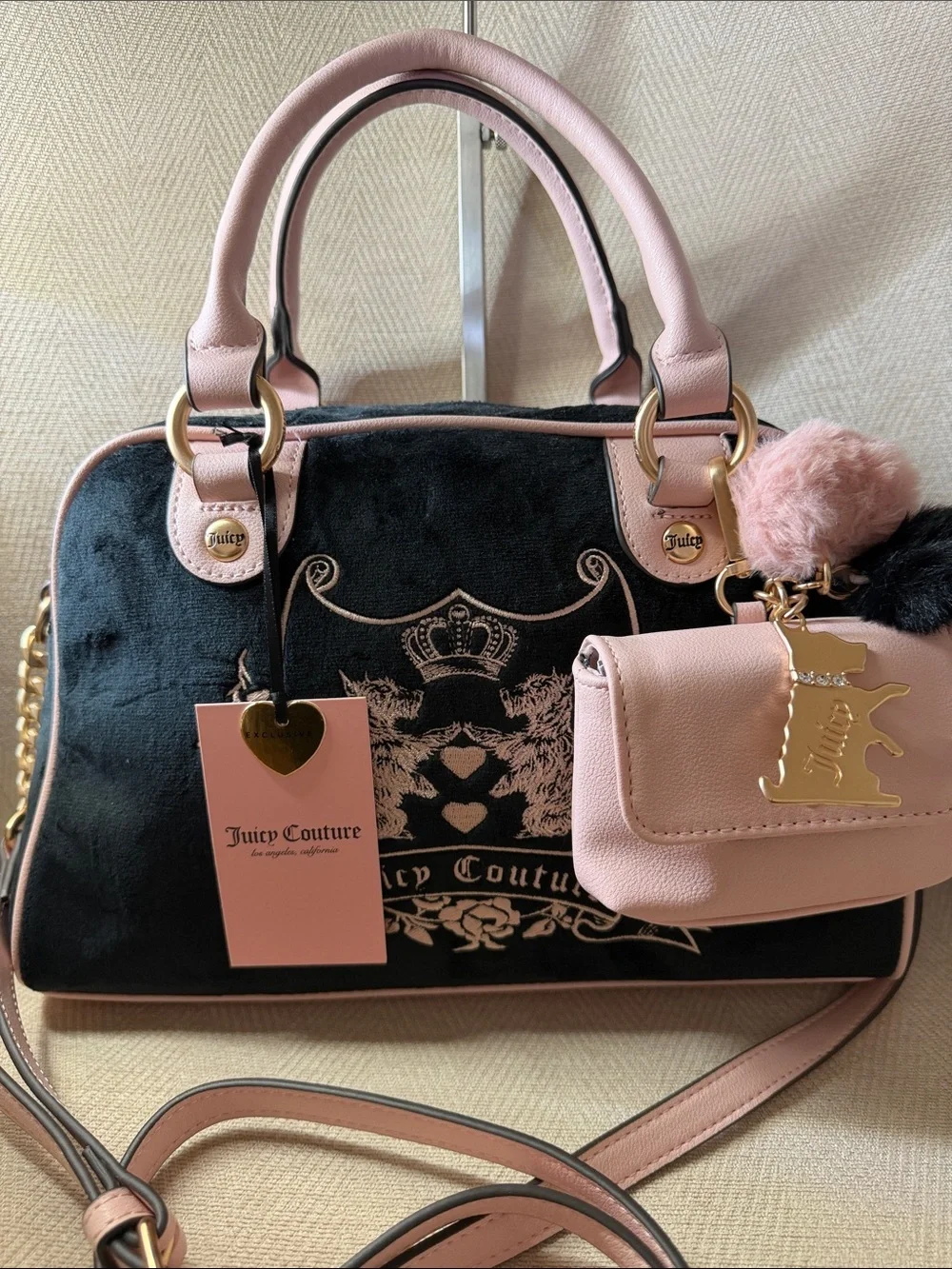 Juicy Couture Pink and Black Velvet Satchel with Detachable Pouch